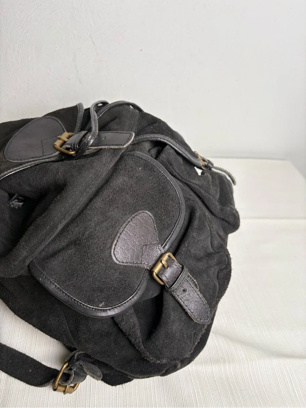 Vintage Handmade in Pakistan Genuine Suede Leather Buckle Drawstring Backpack